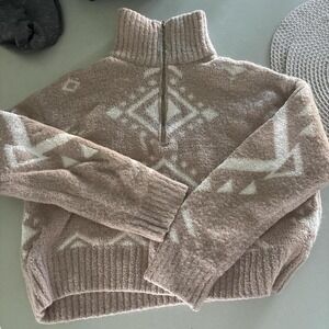 Jessica Simpson Womens Tan Aztec Quarter Zip Fuzzy Cropped Sweater Large RN75343